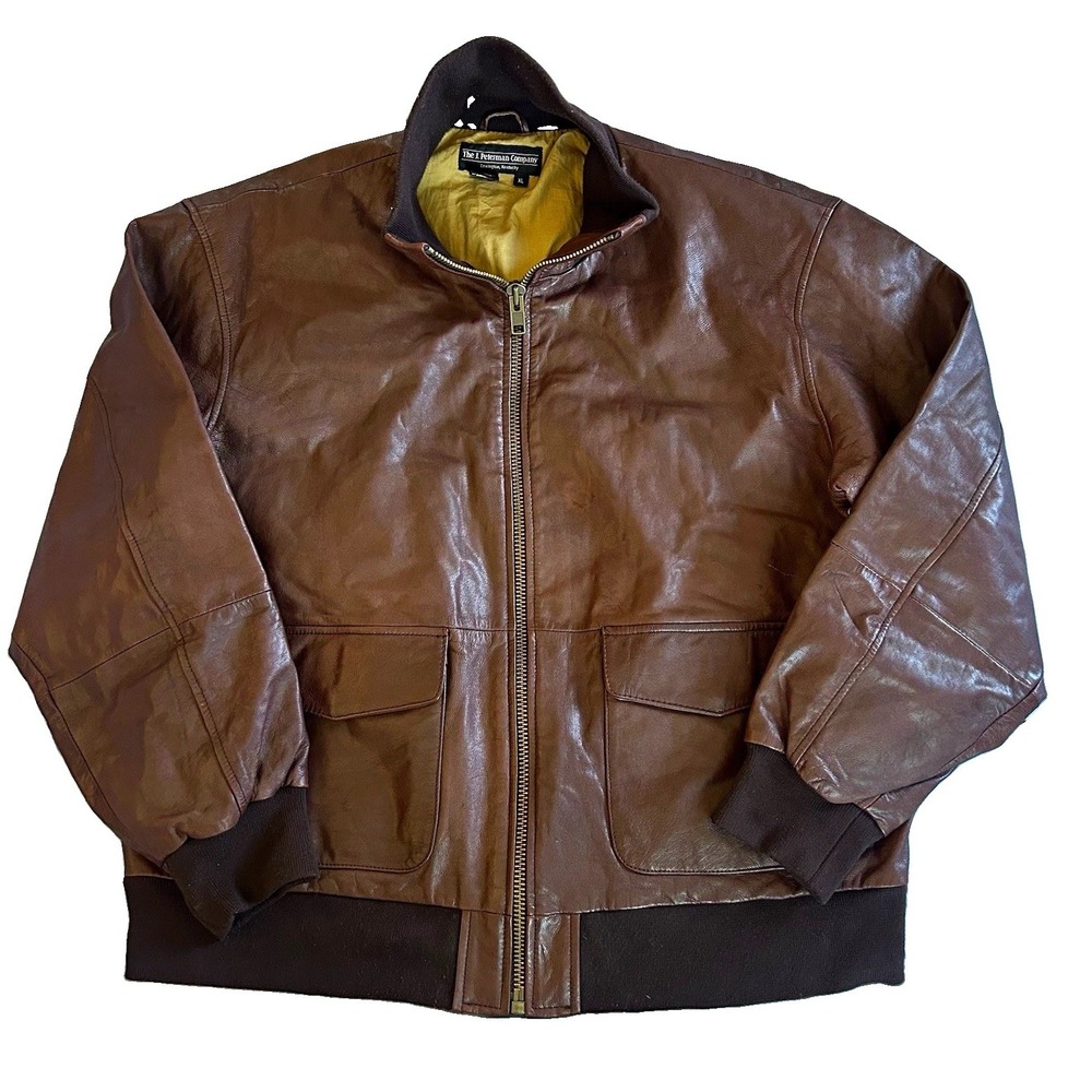 Vintage 90s J. Peterman Company Brown Leather Bomber Jacket Full Zip Lined XL